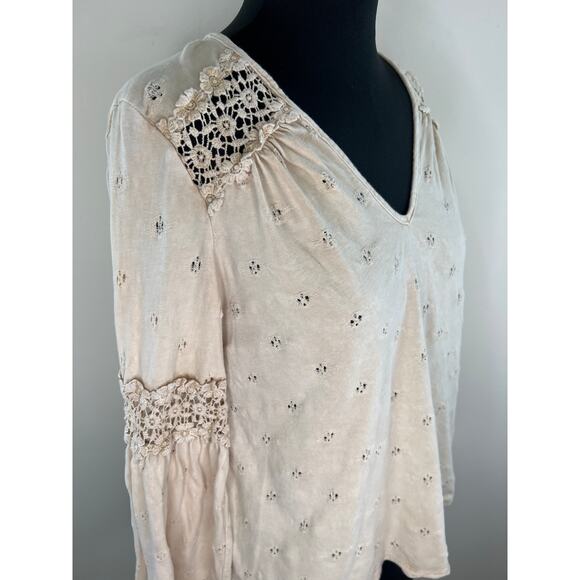 Eri + Ali  Top Beige Pointelle Knit Crochet V-Neck Long Bell Sleeve Boho Top XS - Picture 4 of 10
